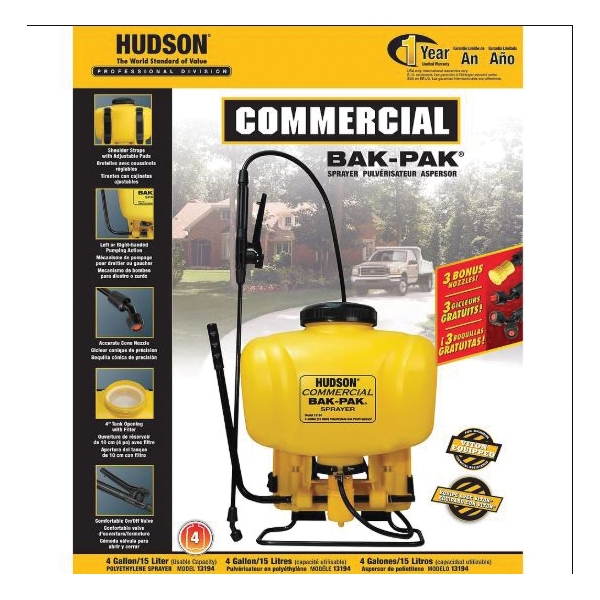 hudson Commercial Bak-Pak 13194 Sprayer, 4 gal Tank, Poly Tank, 42 in L Hose, Cone Nozzle, Translucent Yellow - 5