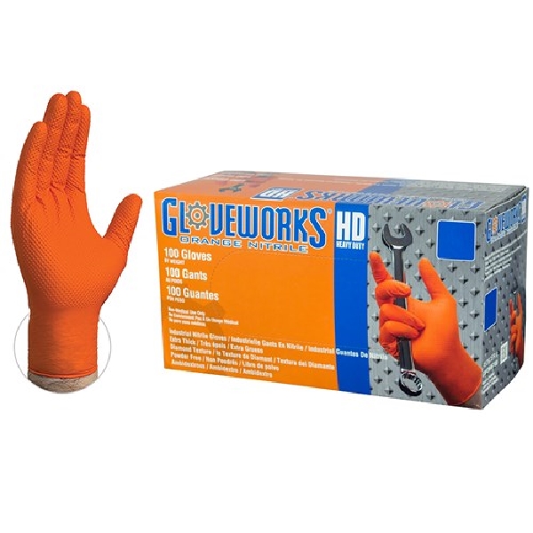 GWON46100 Heavy-Duty Disposable Gloves, L, Nitrile, Powder-Free, Orange, 9-1/2 in L