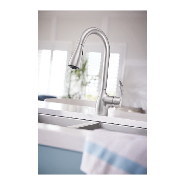 Moen Kleo Series CA87011SRS Pull-Down Faucet, 1.5 gpm, 1-Handle, Metal, Stainless, Countertop, Sink Mounting