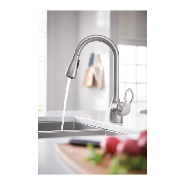Moen Kleo Series CA87011SRS Pull-Down Faucet, 1.5 gpm, 1-Handle, Metal, Stainless, Countertop, Sink Mounting