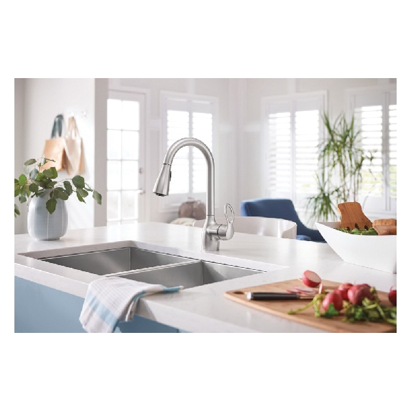 Moen Kleo Series CA87011SRS Pull-Down Faucet, 1.5 gpm, 1-Handle, Metal, Stainless, Countertop, Sink Mounting