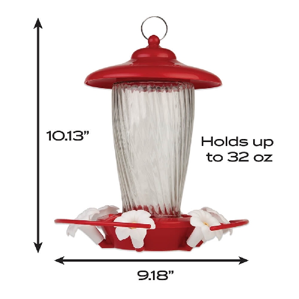 Pennington 100519438 Bird Feeder, 32 fl-oz, Nectar, 6-Port/Perch, Glass, Red, 10.13 in H, Hanging Mounting