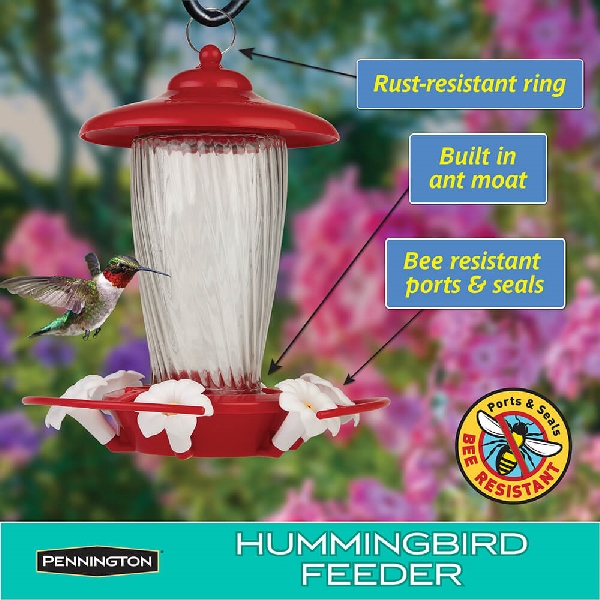 Pennington 100519438 Bird Feeder, 32 fl-oz, Nectar, 6-Port/Perch, Glass, Red, 10.13 in H, Hanging Mounting