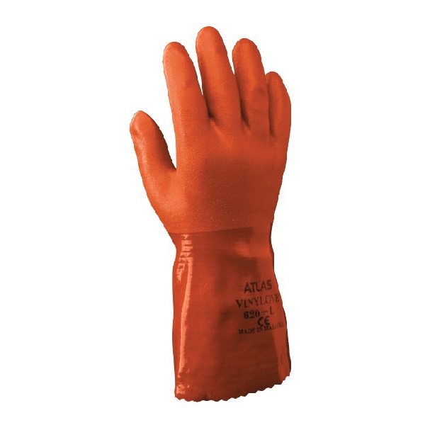 Atlas 620M Work Gloves, M, 12 in L, Long Cuff, PVC, Orange
