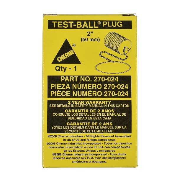 Cherne 270024 Test Ball Plug, 2 in Connection, Rubber/Steel, Black