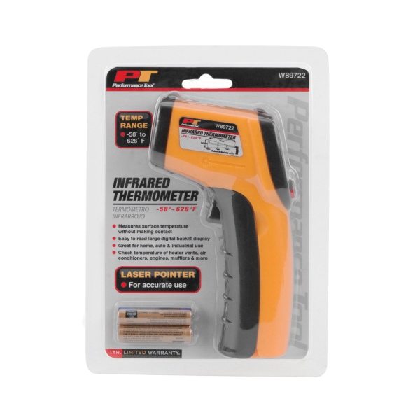 Performance Tool W89722 Infrared Thermometer, Digital, -58 to 626 deg F