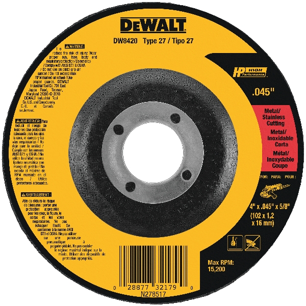 HP Series DW8424B5 Cutting Wheel, 4-1/2 in Dia, 0.045 in Thick, 7/8 in Arbor, A60T Grit, Coarse