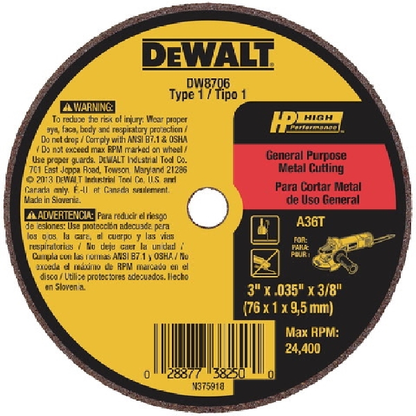 HP Series DW8706 Cut-Off Wheel, 3 in Dia, 0.035 in Thick, 3/8 in Arbor, A36T Grit, Coarse