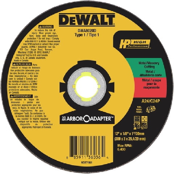 DeWALT HP DWA8020D Cutting Wheel, 12 in Dia, 1/8 in Thick, 1 in Arbor, A24, C24P Grit, Aluminum Oxide Abrasive