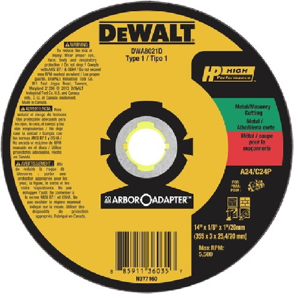 DeWALT HP DWA8021D Cutting Wheel, 14 in Dia, 1/8 in Thick, 1 in Arbor, A24, C24P Grit, Aluminum Oxide Abrasive