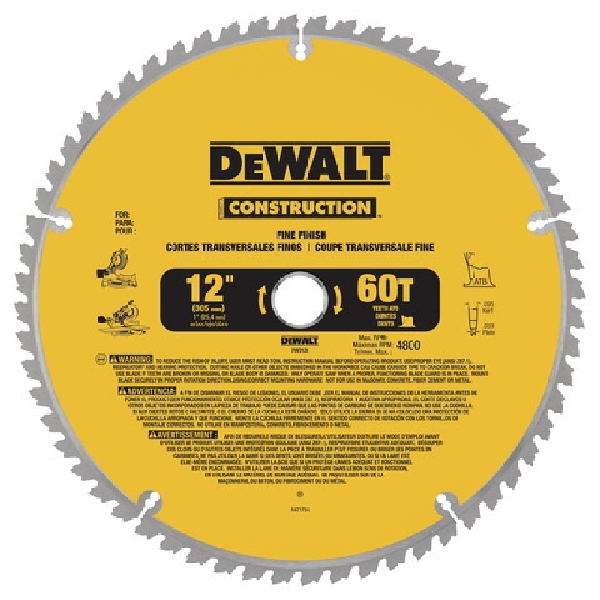 DEWALT DW3126 Circular Saw Blade, 12 in Dia, 1 in Arbor, 60-Teeth, Applicable Materials: Wood