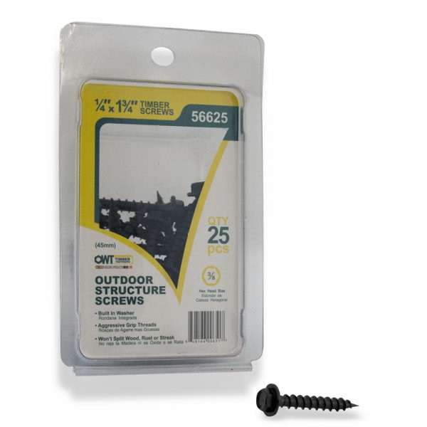 Ozco 56625 Screw, #14 Thread, 1-3/4 in L, Hex Drive, Steel, 25 PK