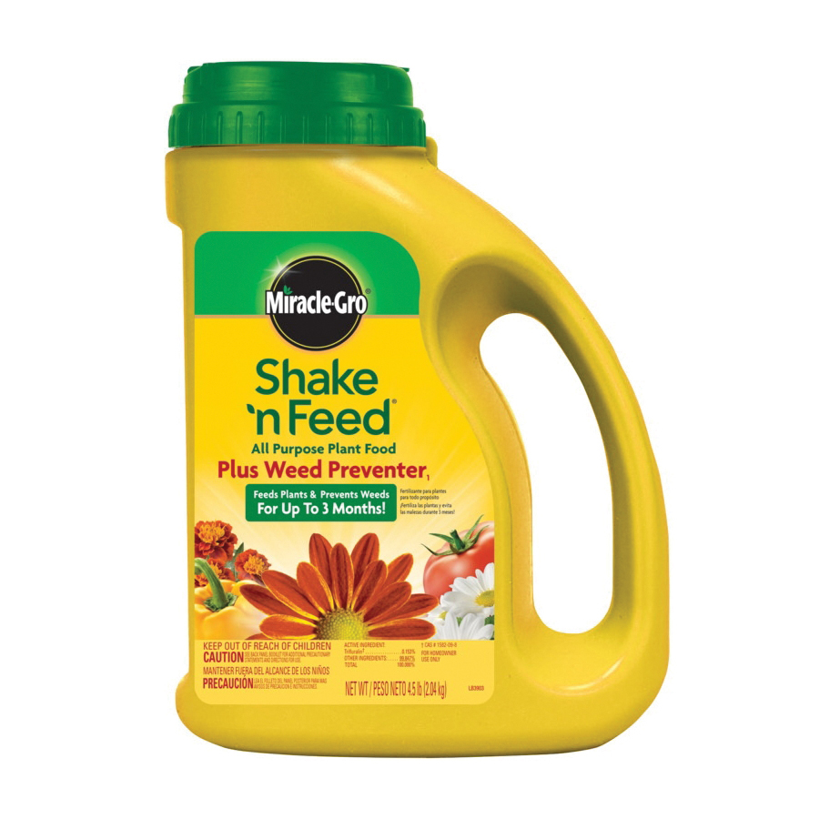1038361 Plant Food Plus Weed Preventer, Granular, 135 sq-ft, 4.5 lb Bottle, 10-10-10 N-P-K Ratio