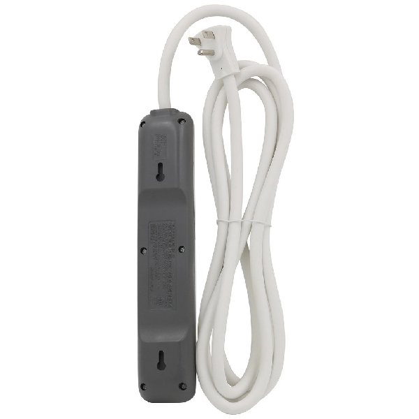 Power Strip, Prime, 8 ft L Cable, Right Angle Plug, 6 -Socket, 15 A, 125 V, Gray/Matte White - 3