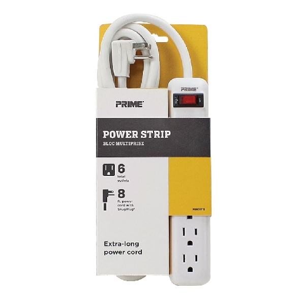 Power Strip, Prime, 8 ft L Cable, Right Angle Plug, 6 -Socket, 15 A, 125 V, Gray/Matte White - 4