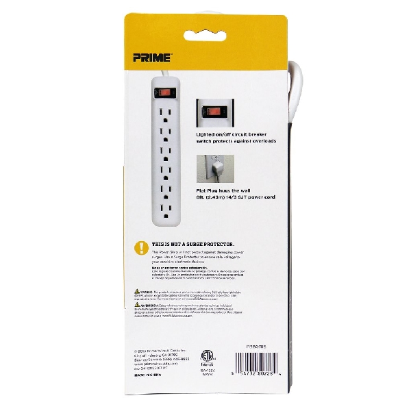 Power Strip, Prime, 8 ft L Cable, Right Angle Plug, 6 -Socket, 15 A, 125 V, Gray/Matte White - 5