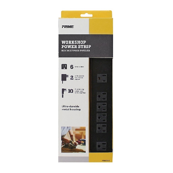 Power Strip, Prime, 10 ft L Cable, Right Angle Plug, 6 -Socket, 15 A, 125 V, Black - 4