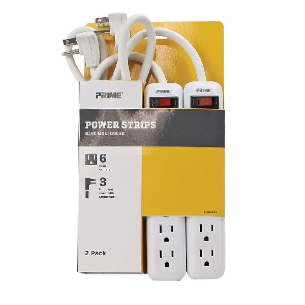 Prime PB8100X2 Power Strip, 3 ft L Cable, Right Angle Plug, 6 -Socket, 15 A, 125 V, Gray/Matte White - 3