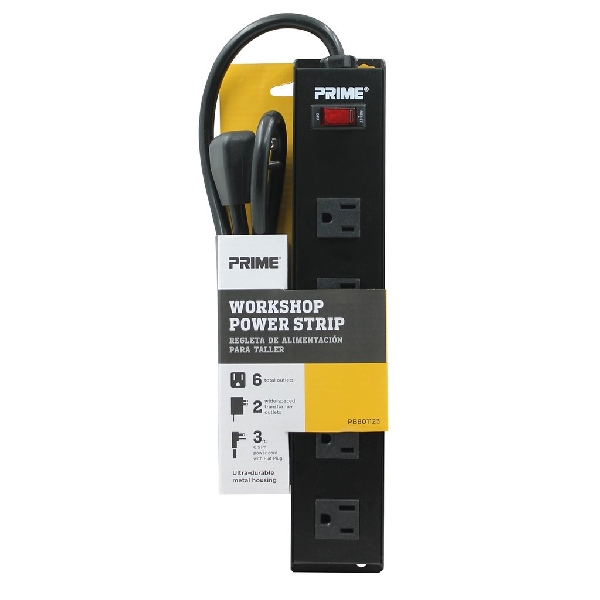 Power Strip, Prime, 3 ft L Cable, Right Angle Plug, 6 -Socket, 15 A, 125 V, Black - 3
