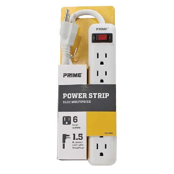 Power Strip, Prime, 14/3 AWG Cable, 1-1/2 ft L Cable, Grounded Plug, 6 -Socket, 15 A, 125 V - 4