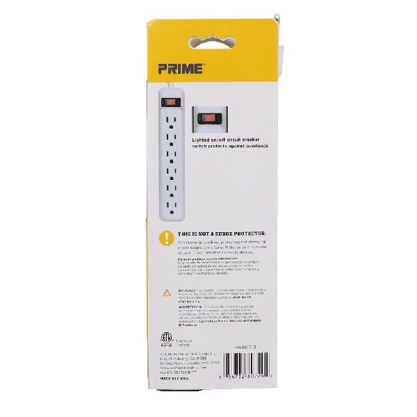 Power Strip, Prime, 14/3 AWG Cable, 1-1/2 ft L Cable, Grounded Plug, 6 -Socket, 15 A, 125 V - 5