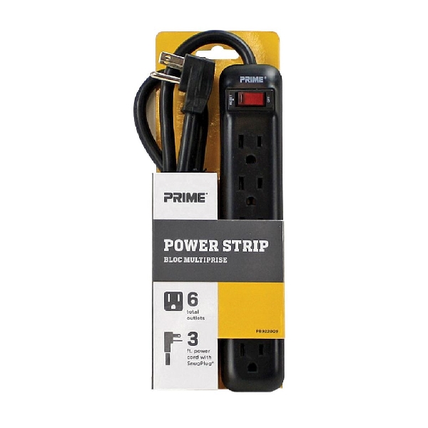 Power Strip, Prime, 14/3 AWG Cable, 3 ft L Cable, 6 -Socket, 15 A, 125 V, Black - 3
