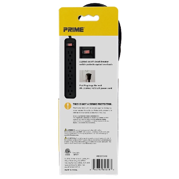 Power Strip, Prime, 14/3 AWG Cable, 3 ft L Cable, 6 -Socket, 15 A, 125 V, Black - 4