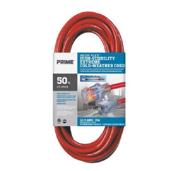 Extension Cord, Prime, 12/3 AWG Cable, 50 ft L, 15 A, 125 V, Red - 4