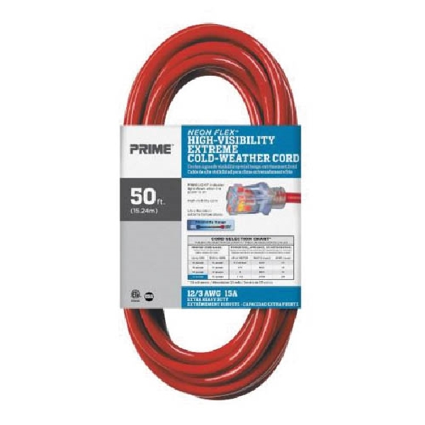 Extension Cord, Prime, 12/3 AWG Cable, 50 ft L, 15 A, 125 V, Red - 5