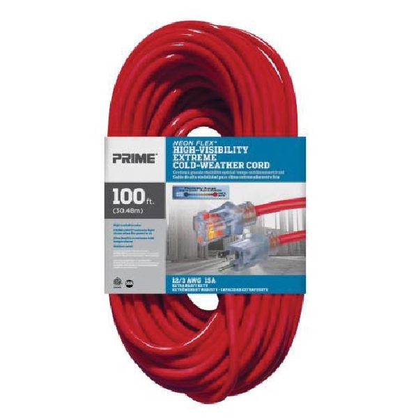 Extension Cord, Prime, 12/3 AWG Cable, 100 ft L, 15 A, 125 V, Red - 4