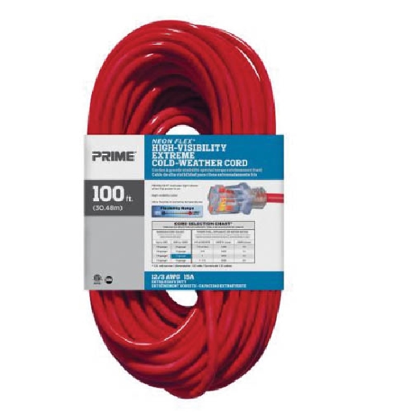 Extension Cord, Prime, 12/3 AWG Cable, 100 ft L, 15 A, 125 V, Red - 5