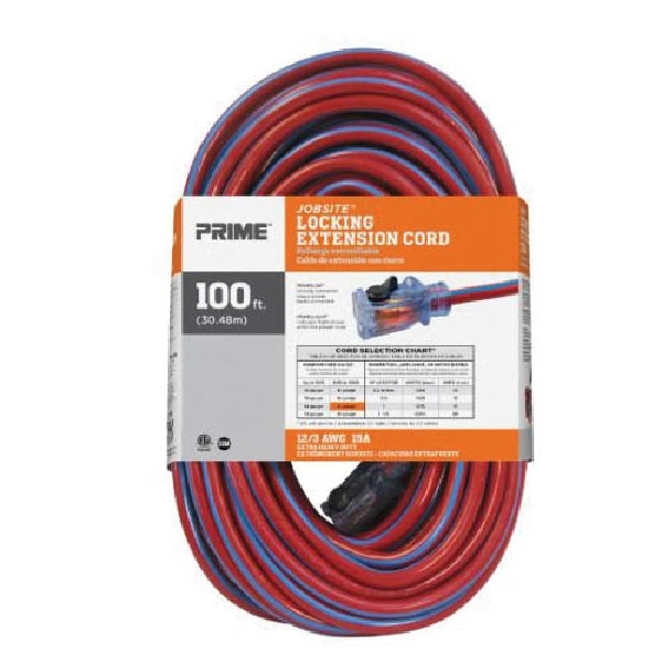 Extension Cord, Prime, 12/3 AWG Cable, 100 ft L, 15 A, 125 V, Blue/Red - 5