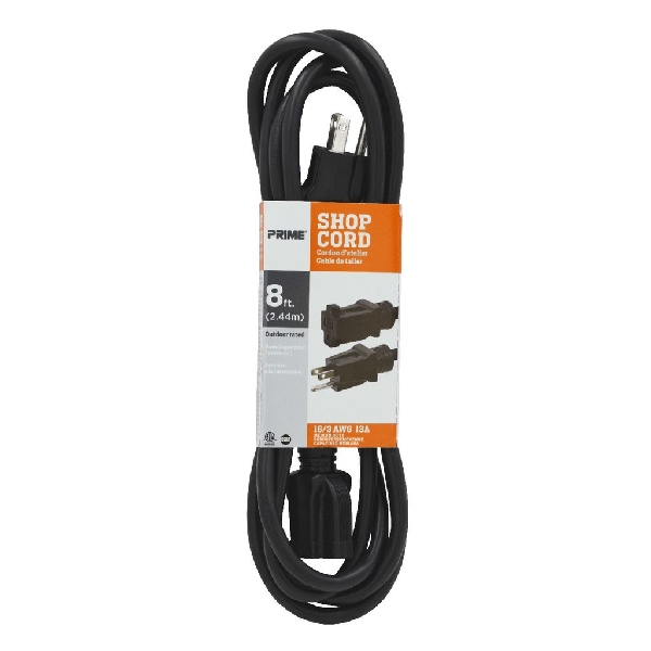 Extension Cord, Prime, 16/3 AWG Cable, 8 ft L, 13 A, 125 V, Black - 2