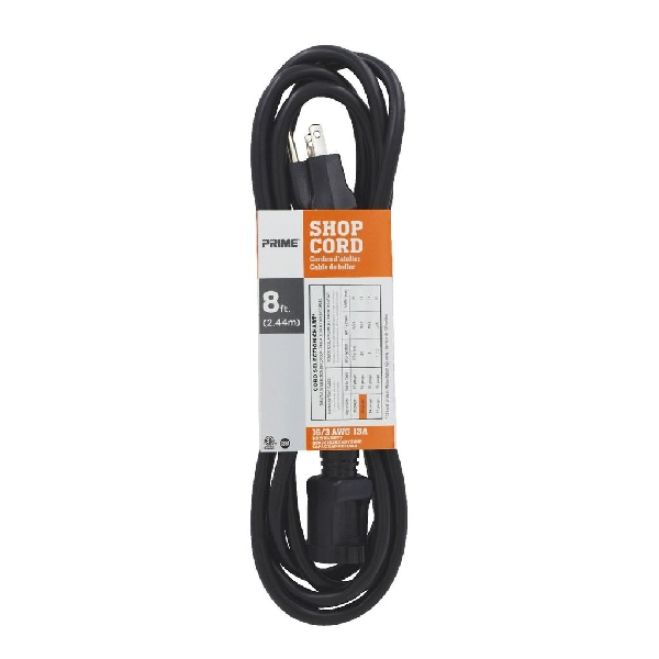 Extension Cord, Prime, 16/3 AWG Cable, 8 ft L, 13 A, 125 V, Black - 3