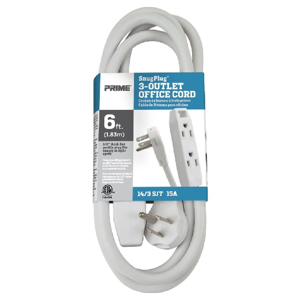 Extension Cord, Prime, 14/3 AWG Cable, 6 ft L, 15 A, 125 V, White - 3