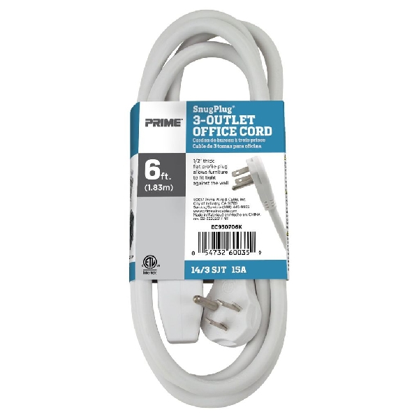 Extension Cord, Prime, 14/3 AWG Cable, 6 ft L, 15 A, 125 V, White - 4