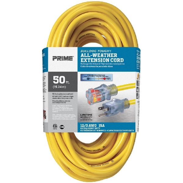 Extension Cord, Prime, 12 AWG Cable, Plug, 50 ft L, 15 A, 125 V, Yellow - 4