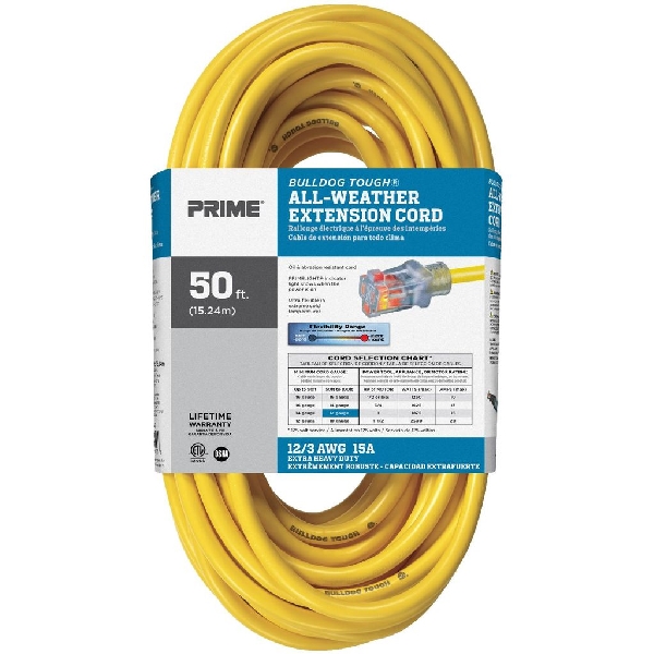 Extension Cord, Prime, 12 AWG Cable, Plug, 50 ft L, 15 A, 125 V, Yellow - 5
