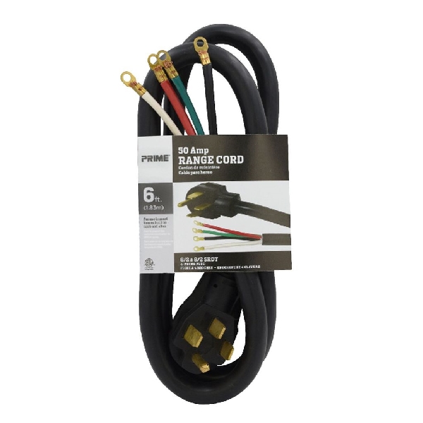 Range Cord, Prime, Ring Terminal, 6 ft L, 50 A, 125/250 V, Black - 2