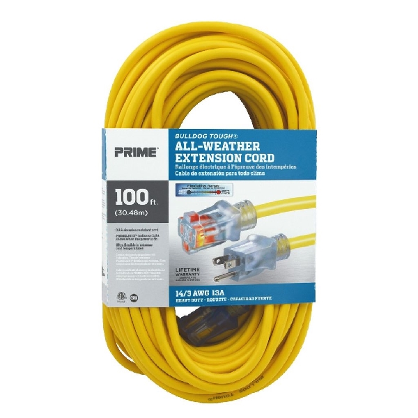 Extension Cord, Prime, 14/3 AWG Cable, 100 ft L, 13 A, 125 V, Yellow - 4