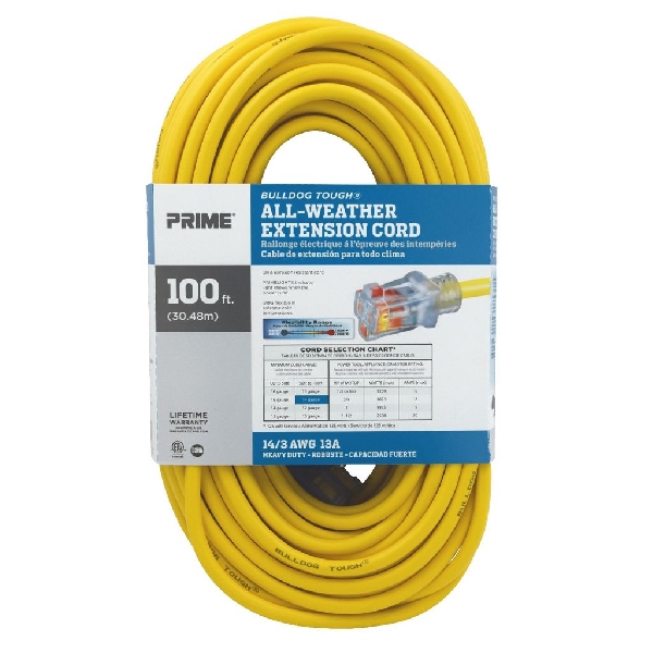 Extension Cord, Prime, 14/3 AWG Cable, 100 ft L, 13 A, 125 V, Yellow - 5