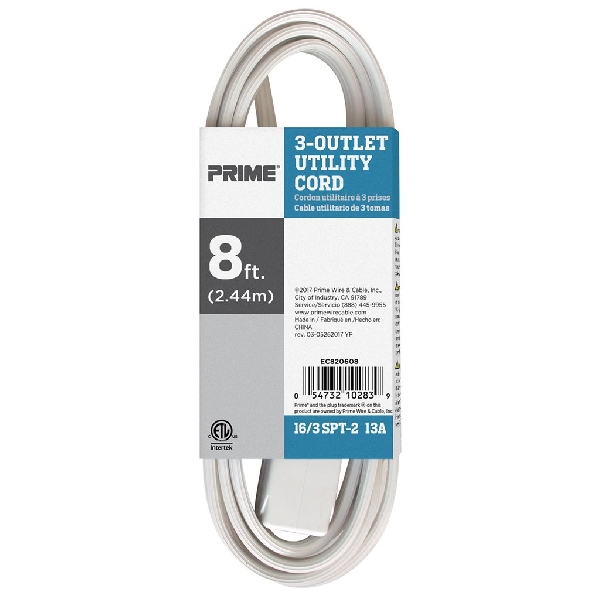 Utility Extension Cord, Prime, 16 AWG Cable, Plug, 8 ft L, 13 A, 125 V, White - 2