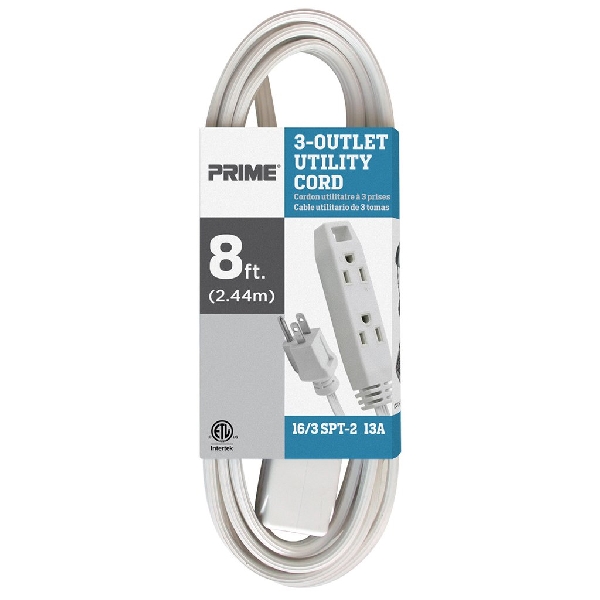 Utility Extension Cord, Prime, 16 AWG Cable, Plug, 8 ft L, 13 A, 125 V, White - 3
