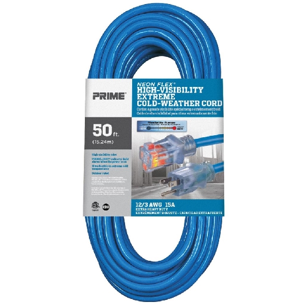Extension Cord, Prime, 12 AWG Cable, Grounded Plug, 50 ft L, 15 A, 125 V, Blue - 2