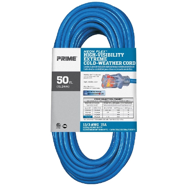 Extension Cord, Prime, 12 AWG Cable, Grounded Plug, 50 ft L, 15 A, 125 V, Blue - 3