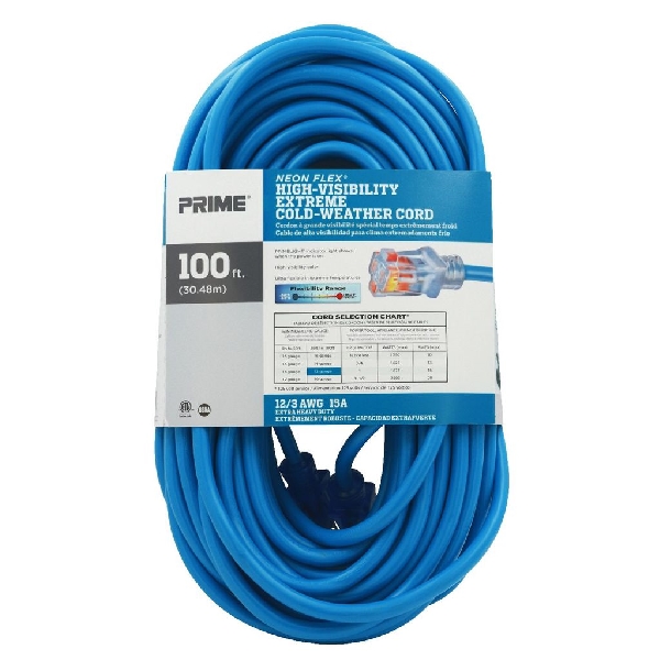 Extension Cord, Prime, 12 AWG Cable, Grounded Plug, 100 ft L, 15 A, 125 V, Blue - 2