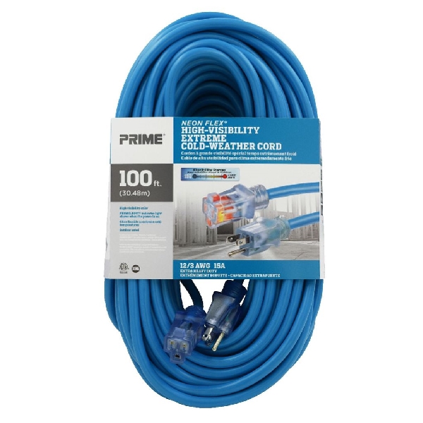 Extension Cord, Prime, 12 AWG Cable, Grounded Plug, 100 ft L, 15 A, 125 V, Blue - 3