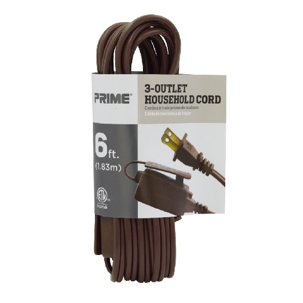 Extension Cord, Prime, 16 AWG Cable, Plug, 6 ft L, 13 A, 125 V, Brown - 2