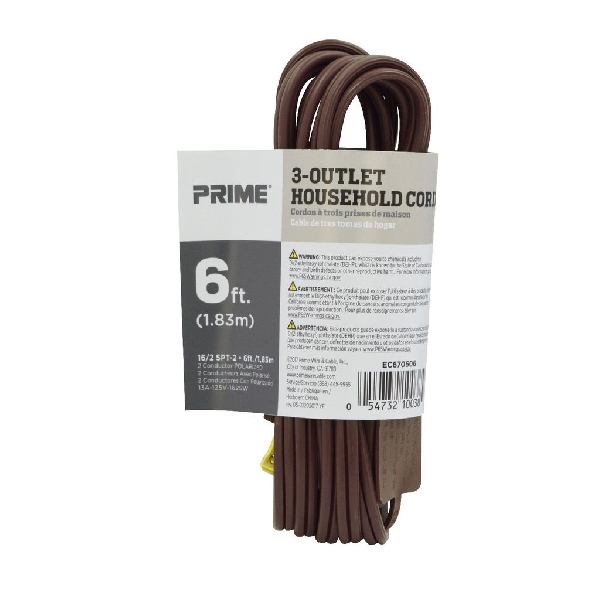 Extension Cord, Prime, 16 AWG Cable, Plug, 6 ft L, 13 A, 125 V, Brown - 3