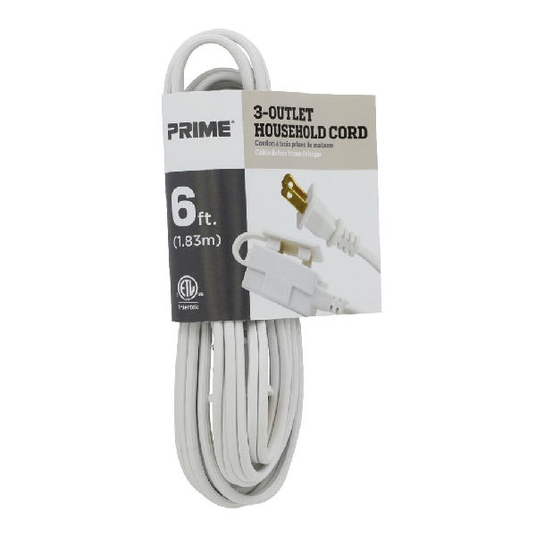 Extension Cord, Prime, Plug, 6 ft L, 16/2 SPT-2, 13 A, 125 V, White - 2